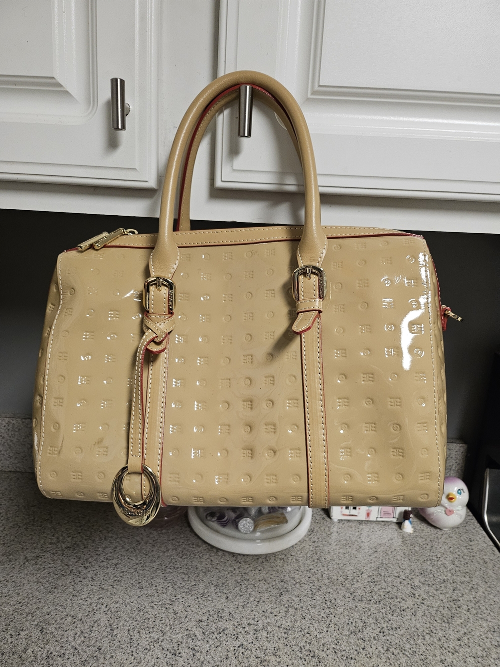 Arcadia Beige Patent Satchel with Red Trim